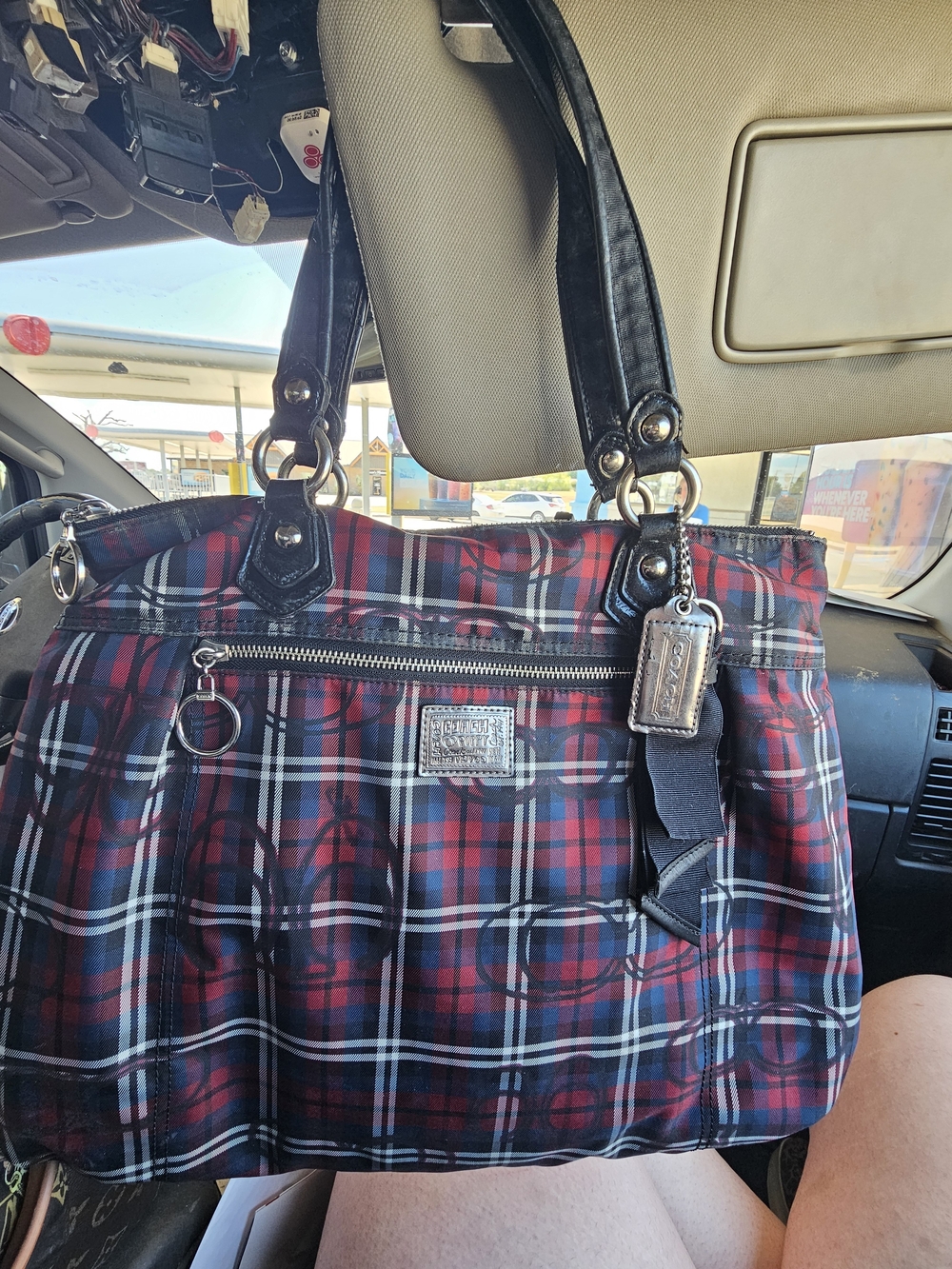 Vintage Coach Poppy Tartan Glam Plaid Tote Bag with Leather Handles - Red/Black